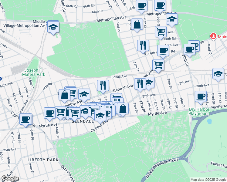 map of restaurants, bars, coffee shops, grocery stores, and more near 70-31 72nd Street in Queens