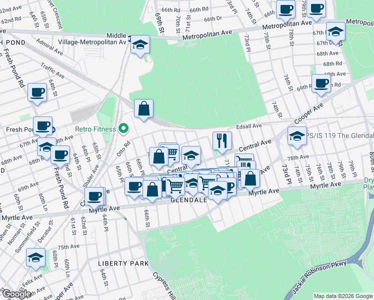 map of restaurants, bars, coffee shops, grocery stores, and more near 69-21 69th Street in Queens