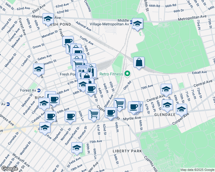 map of restaurants, bars, coffee shops, grocery stores, and more near 68-17 64th Place in Queens