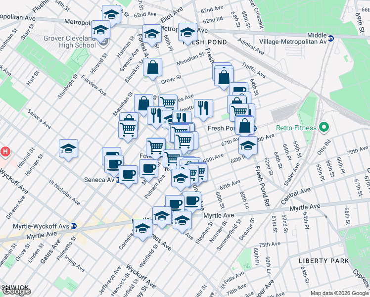 map of restaurants, bars, coffee shops, grocery stores, and more near 66-73 Forest Avenue in Queens