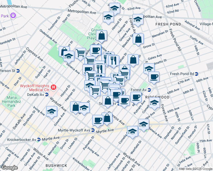 map of restaurants, bars, coffee shops, grocery stores, and more near in Queens