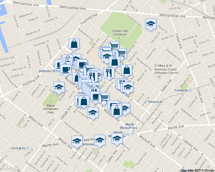 map of restaurants, bars, coffee shops, grocery stores, and more near 418 Stanhope Street in Brooklyn