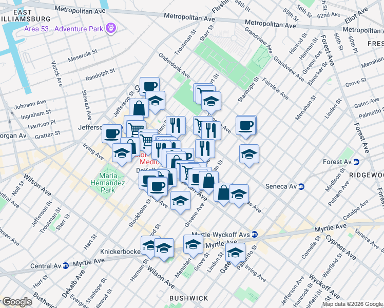 map of restaurants, bars, coffee shops, grocery stores, and more near 403 Stockholm Street in Brooklyn