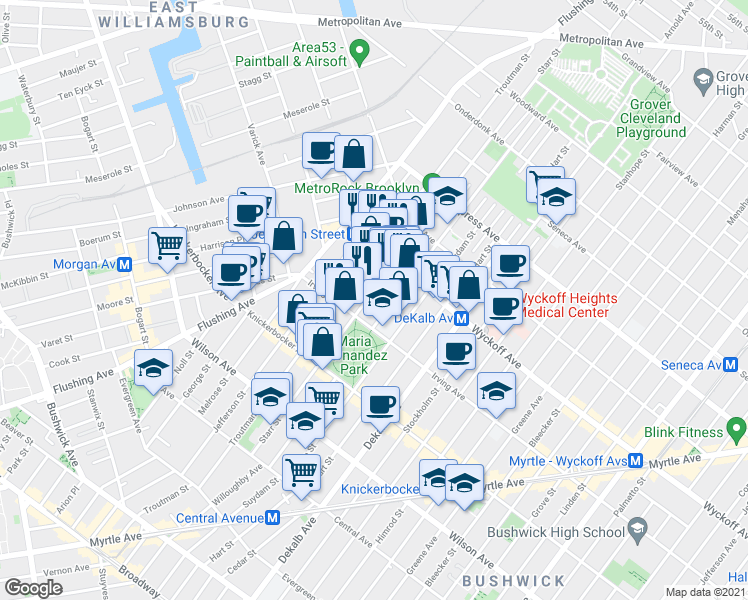 map of restaurants, bars, coffee shops, grocery stores, and more near 229 Starr Street in Brooklyn