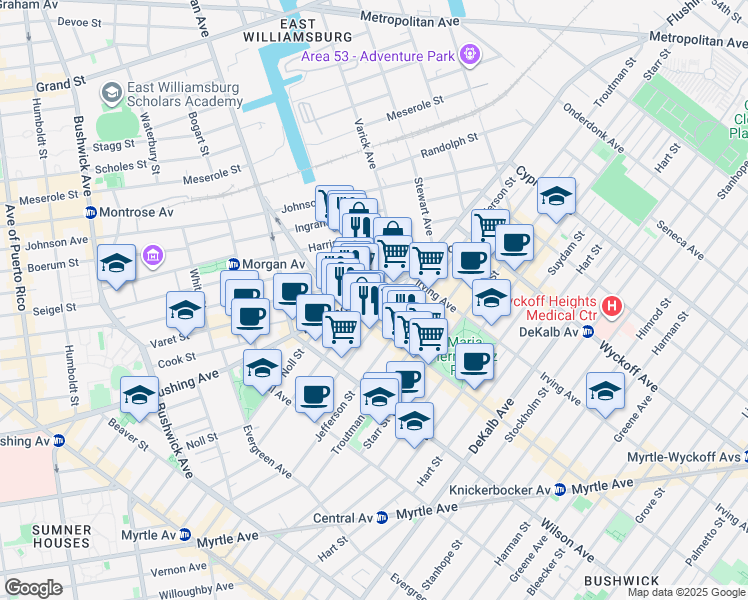 map of restaurants, bars, coffee shops, grocery stores, and more near 1119 Flushing Avenue in Brooklyn