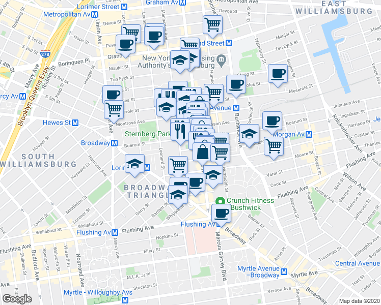 map of restaurants, bars, coffee shops, grocery stores, and more near 124 Boerum Street in Brooklyn