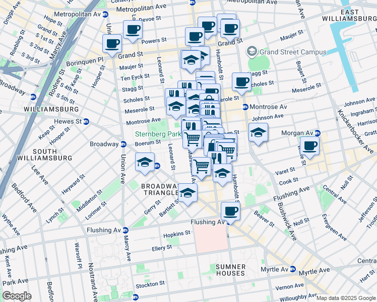 map of restaurants, bars, coffee shops, grocery stores, and more near 124 Boerum Street in Brooklyn