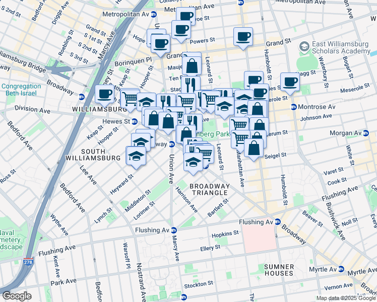 map of restaurants, bars, coffee shops, grocery stores, and more near 25 Boerum Street in Brooklyn