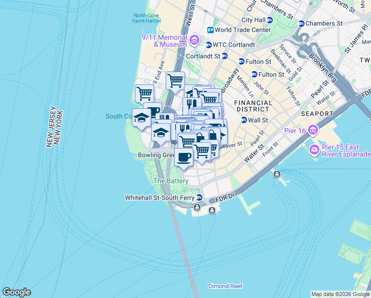 map of restaurants, bars, coffee shops, grocery stores, and more near 2 Morris Street in New York