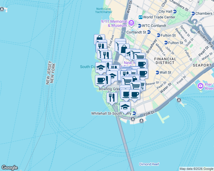 map of restaurants, bars, coffee shops, grocery stores, and more near 10 West Street in New York