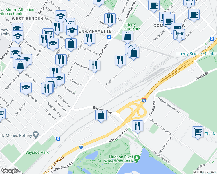 map of restaurants, bars, coffee shops, grocery stores, and more near 51 Pacific Avenue in Jersey City