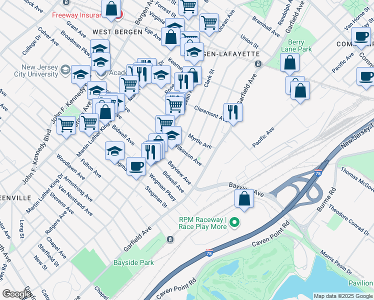 map of restaurants, bars, coffee shops, grocery stores, and more near 44 Clerk Street in Jersey City