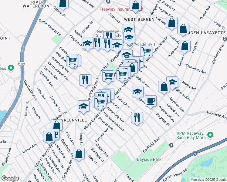 map of restaurants, bars, coffee shops, grocery stores, and more near 224 Dwight Street in Jersey City