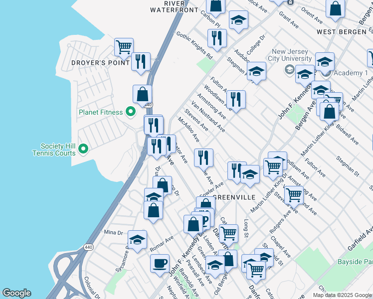 map of restaurants, bars, coffee shops, grocery stores, and more near 147 Terhune Avenue in Jersey City