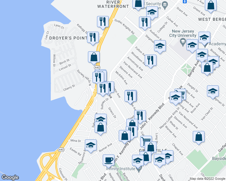map of restaurants, bars, coffee shops, grocery stores, and more near in Jersey City