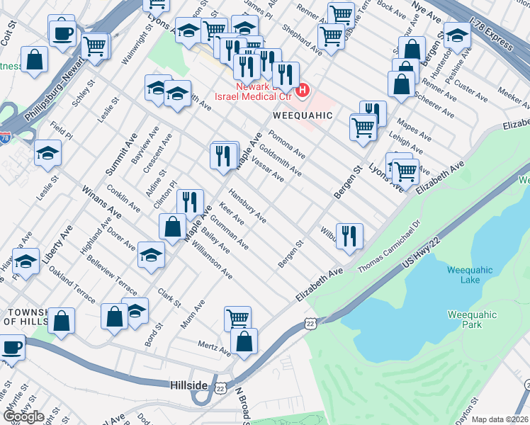 map of restaurants, bars, coffee shops, grocery stores, and more near 148 Chancellor Avenue in Newark