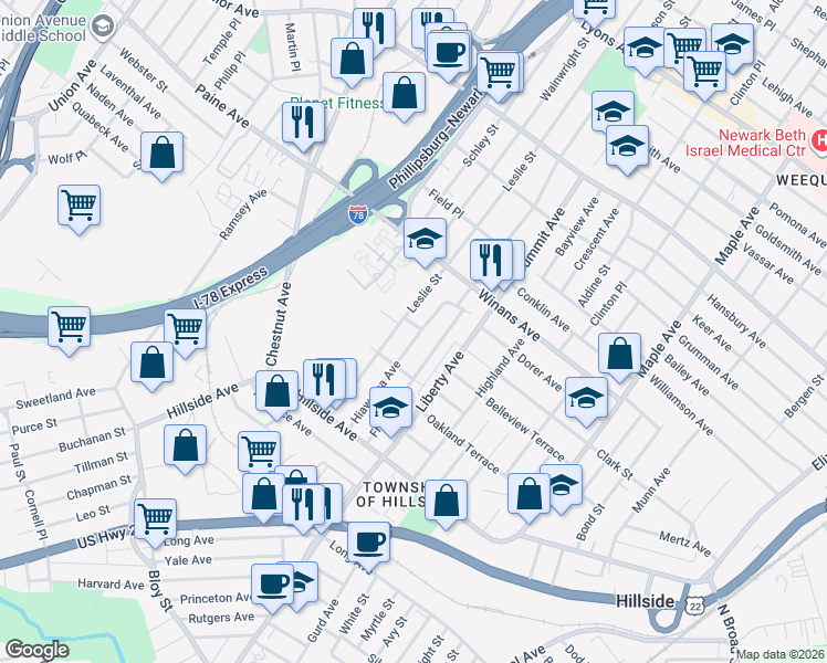 map of restaurants, bars, coffee shops, grocery stores, and more near 1500 Leslie Street in Hillside