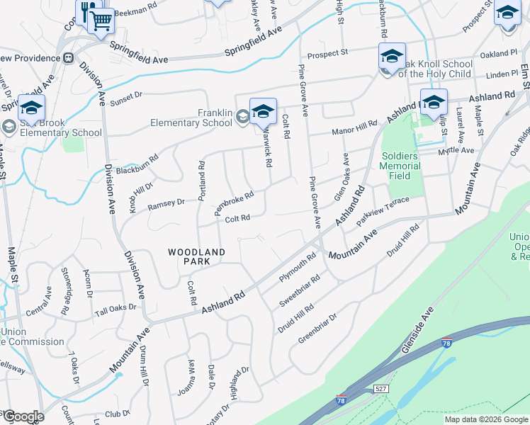 map of restaurants, bars, coffee shops, grocery stores, and more near 36 Colt Road in Summit