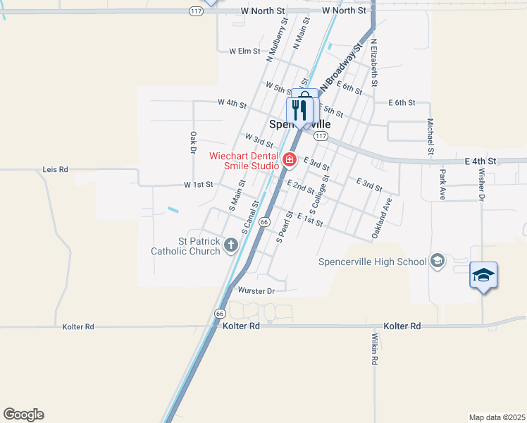 map of restaurants, bars, coffee shops, grocery stores, and more near 230 South Broadway Street in Spencerville