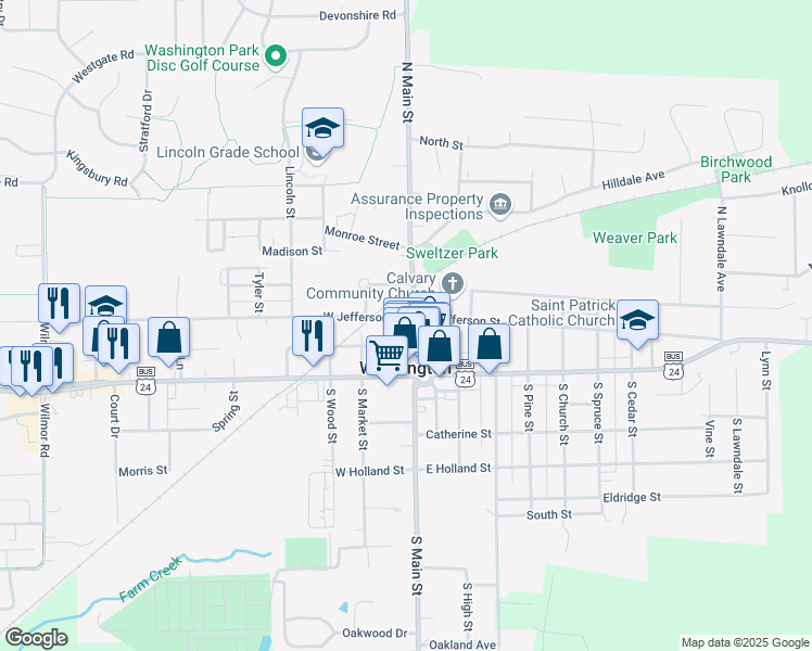map of restaurants, bars, coffee shops, grocery stores, and more near 202 North Main Street in Washington