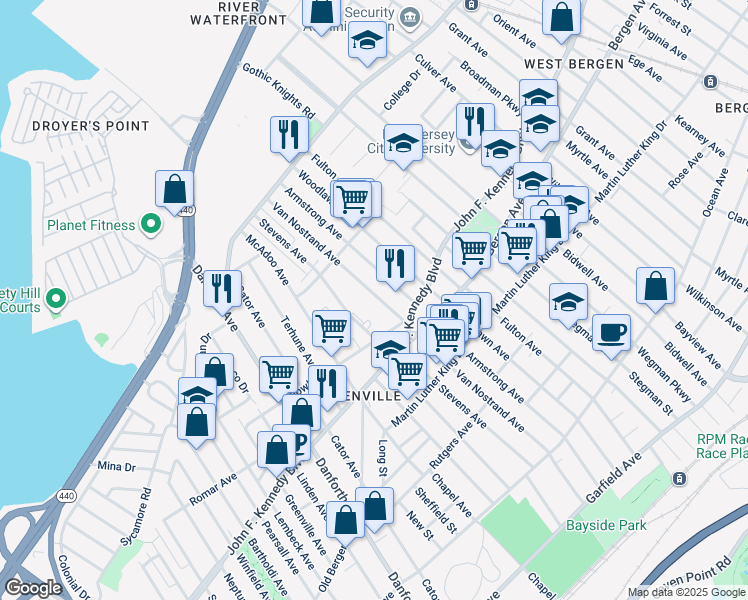 map of restaurants, bars, coffee shops, grocery stores, and more near 259 Van Nostrand Avenue in Jersey City