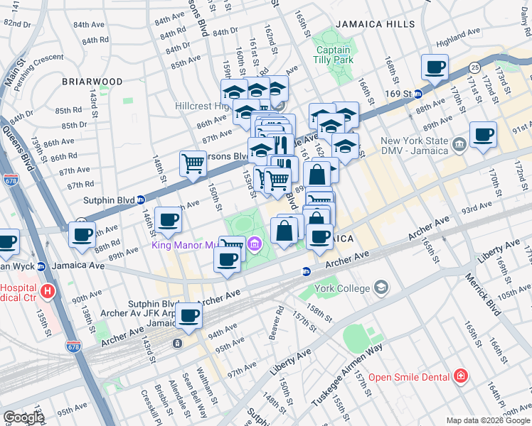 map of restaurants, bars, coffee shops, grocery stores, and more near 89-11 153rd Street in Queens