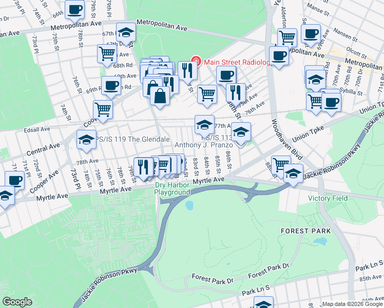 map of restaurants, bars, coffee shops, grocery stores, and more near 82-16 78th Avenue in Queens