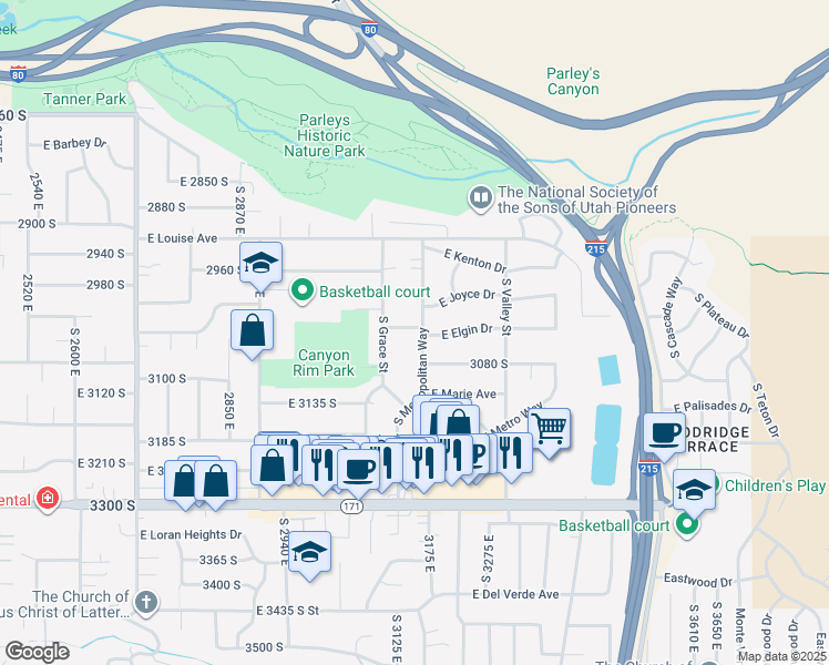 map of restaurants, bars, coffee shops, grocery stores, and more near 3156 East Elgin Drive in Salt Lake City