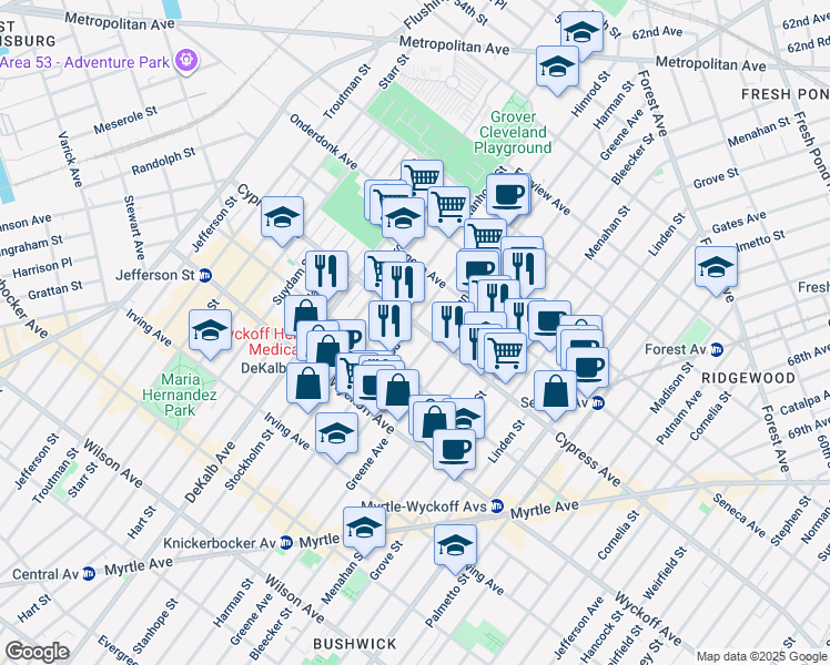 map of restaurants, bars, coffee shops, grocery stores, and more near 444 Himrod Street in Brooklyn