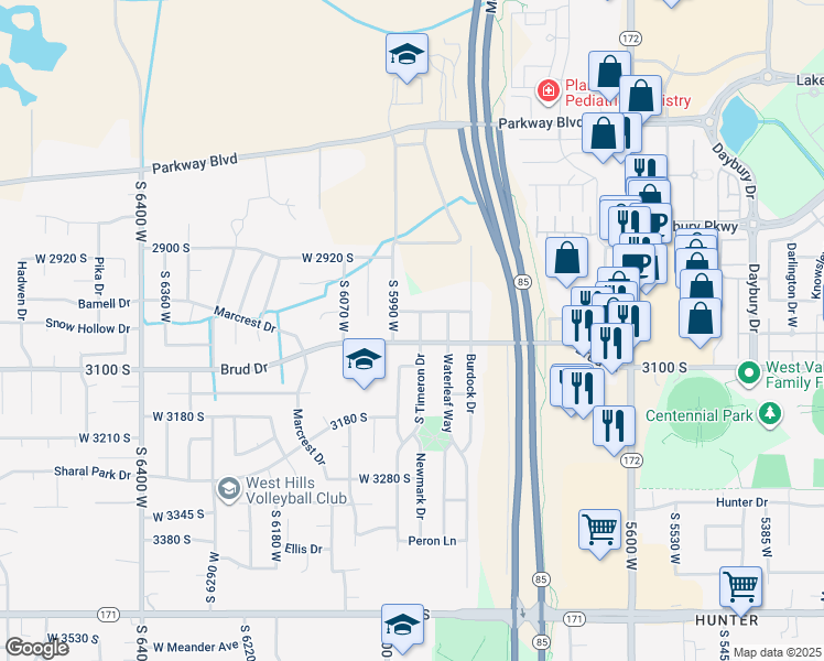 map of restaurants, bars, coffee shops, grocery stores, and more near 3038 South Timeron Drive in West Valley City
