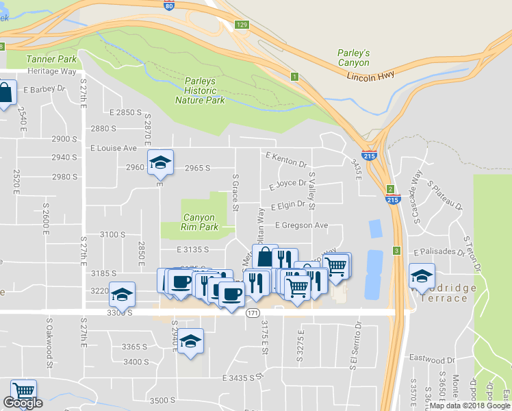 map of restaurants, bars, coffee shops, grocery stores, and more near 3156 East Elgin Drive in Salt Lake City
