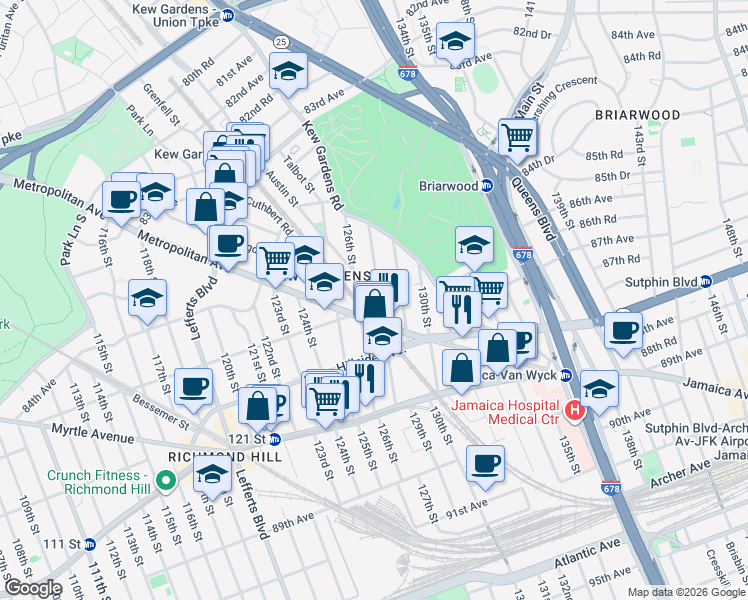 map of restaurants, bars, coffee shops, grocery stores, and more near 84-81 126th Street in Queens