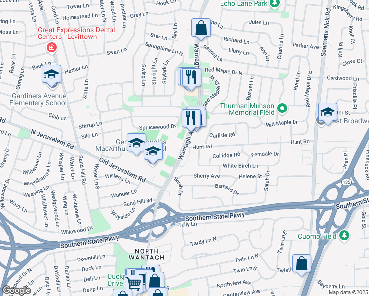map of restaurants, bars, coffee shops, grocery stores, and more near Wantagh Avenue & Hunt Road in Wantagh