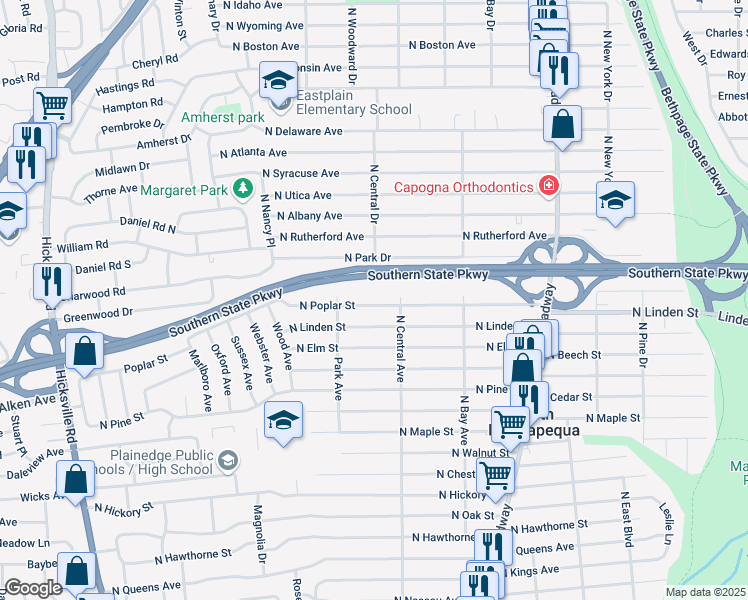 map of restaurants, bars, coffee shops, grocery stores, and more near 261 North Poplar Street in Massapequa