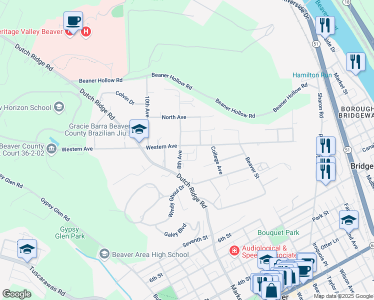 map of restaurants, bars, coffee shops, grocery stores, and more near 714 Western Avenue in Beaver