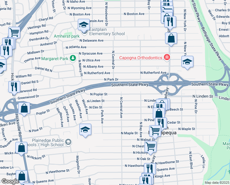 map of restaurants, bars, coffee shops, grocery stores, and more near 261 North Poplar Street in Massapequa