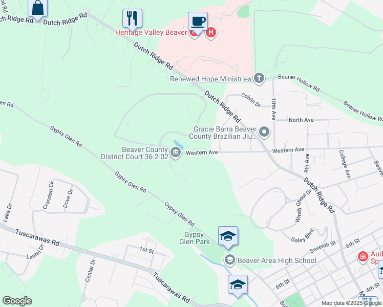 map of restaurants, bars, coffee shops, grocery stores, and more near 1195 Western Avenue in Beaver