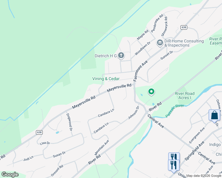 map of restaurants, bars, coffee shops, grocery stores, and more near 38 Meyersville Road in Chatham Township