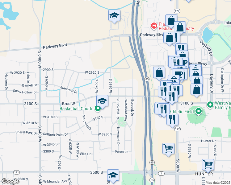 map of restaurants, bars, coffee shops, grocery stores, and more near 3038 South Timeron Drive in West Valley City