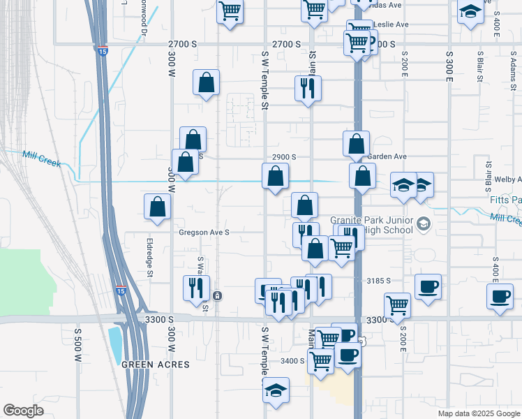 map of restaurants, bars, coffee shops, grocery stores, and more near 3036 South West Temple in South Salt Lake