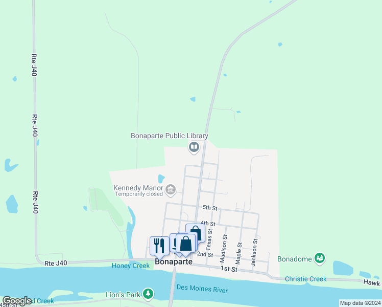map of restaurants, bars, coffee shops, grocery stores, and more near 602 8th Street in Bonaparte