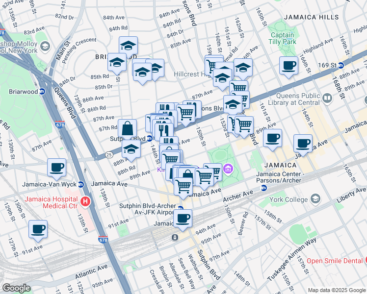 map of restaurants, bars, coffee shops, grocery stores, and more near 88-09 148th Street in Queens