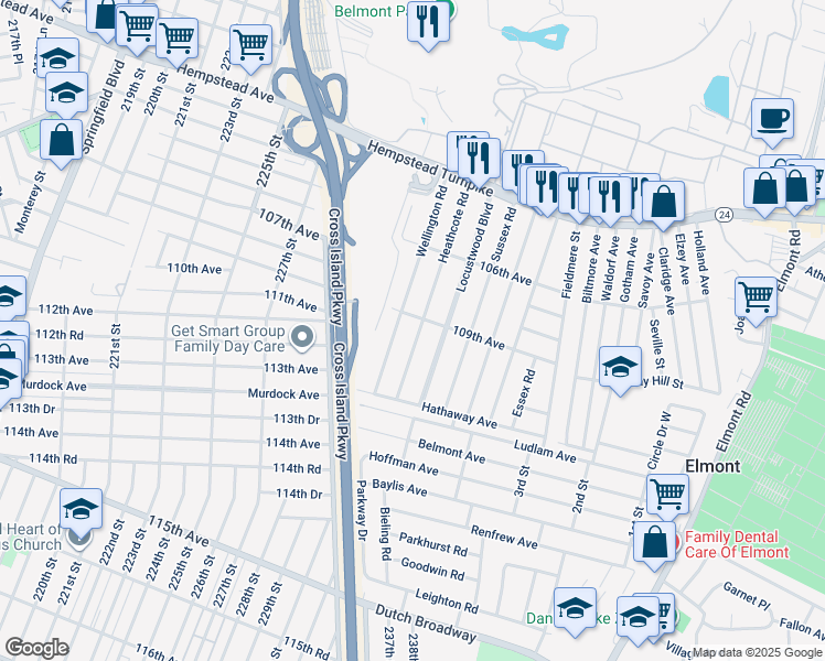 map of restaurants, bars, coffee shops, grocery stores, and more near 140 Wellington Road in Elmont