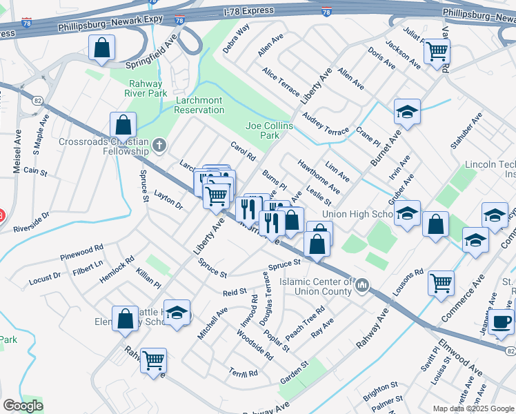 map of restaurants, bars, coffee shops, grocery stores, and more near 2657 Morris Avenue in Union