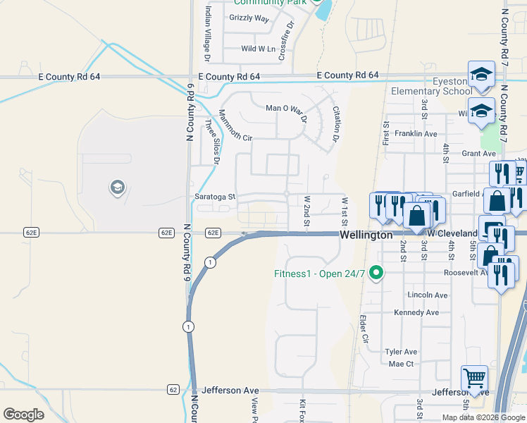 map of restaurants, bars, coffee shops, grocery stores, and more near 3350 Saratoga Street in Wellington