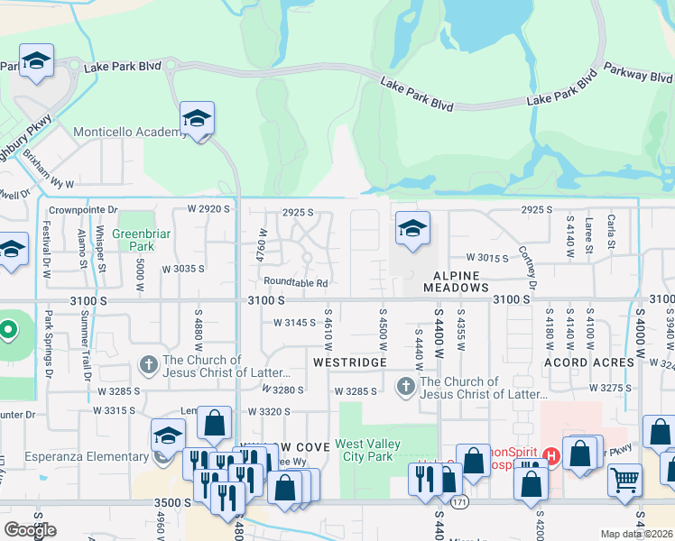 map of restaurants, bars, coffee shops, grocery stores, and more near 3008 South 4565 West in West Valley City