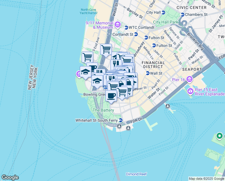 map of restaurants, bars, coffee shops, grocery stores, and more near 1 Broadway in New York