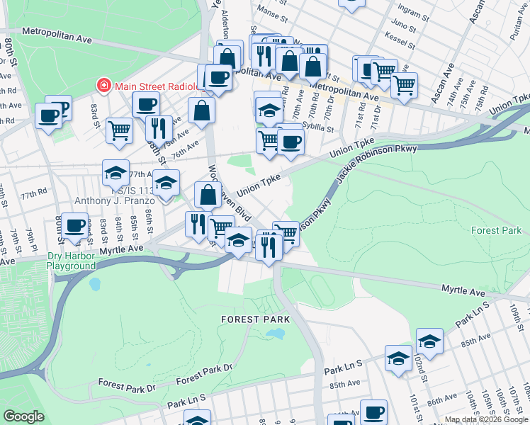 map of restaurants, bars, coffee shops, grocery stores, and more near 81-2 Margaret Place in Queens