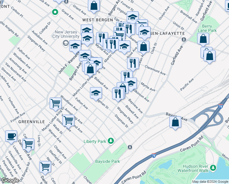 map of restaurants, bars, coffee shops, grocery stores, and more near 112 Bidwell Avenue in Jersey City