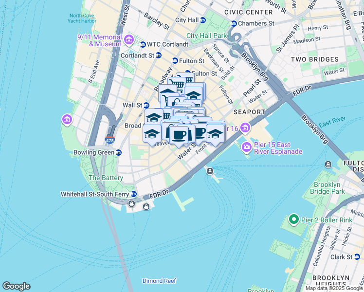 map of restaurants, bars, coffee shops, grocery stores, and more near 128 Pearl Street in New York